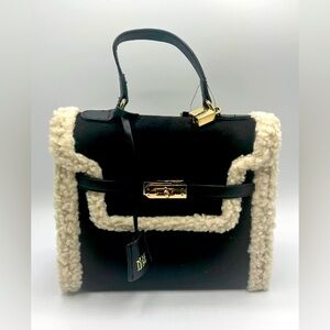 Badgley Mischka Fur Sherpa Border Satchel Bag in Black & Beige
